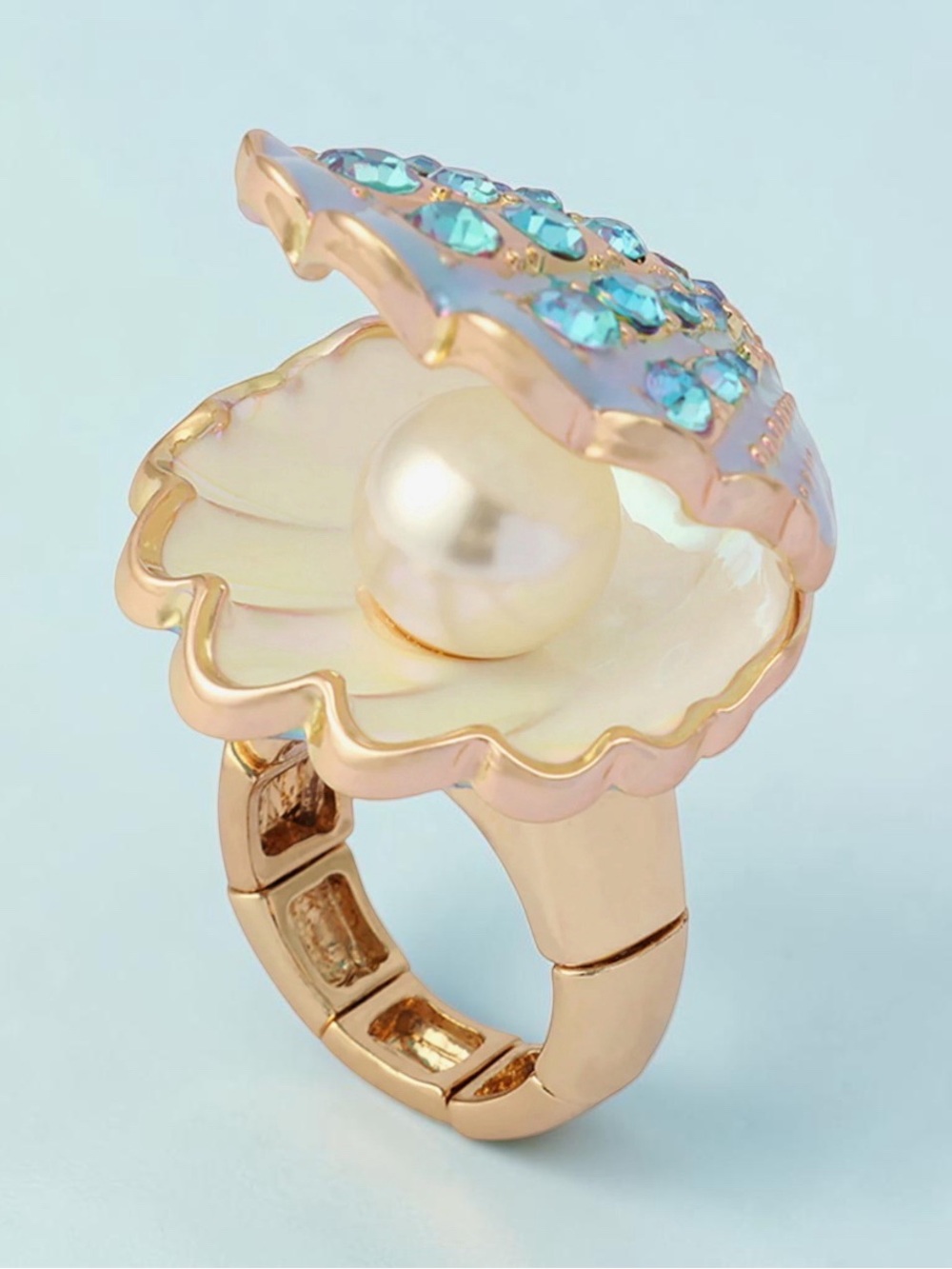 Betsey Johnson Gold-Tone Shell Ring with Pearl and Aqua Crystals